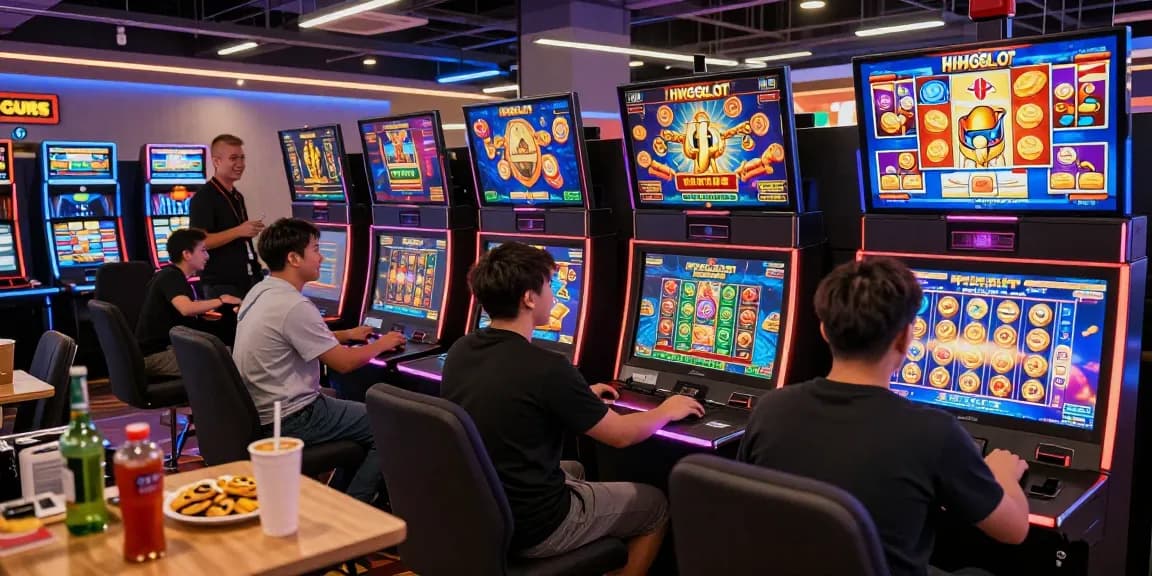 Exciting atmosphere at HWGSLOT online gaming hub with players enjoying interactive slot games.