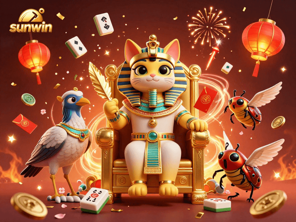 Experience the excitement of sunwin with a vibrant 3D casino scene featuring playful Egyptian characters and dynamic game elements.