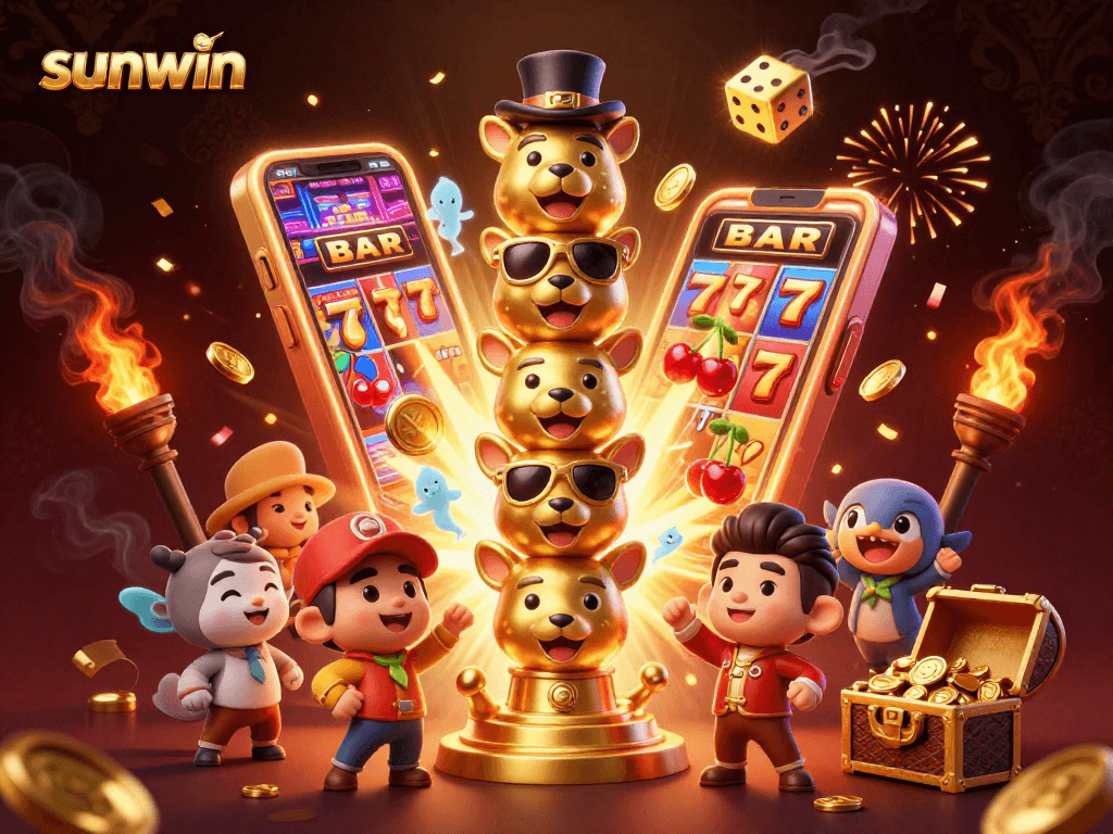 Spin and win at sunwin with a lively 3D casino illustration showcasing vivid game elements.