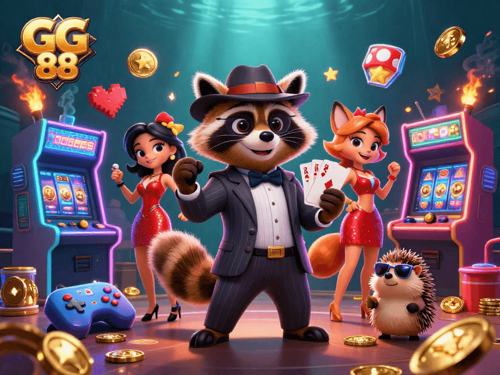 Experience the excitement of GG 88 with a suave raccoon and friends in a vibrant casino scene.