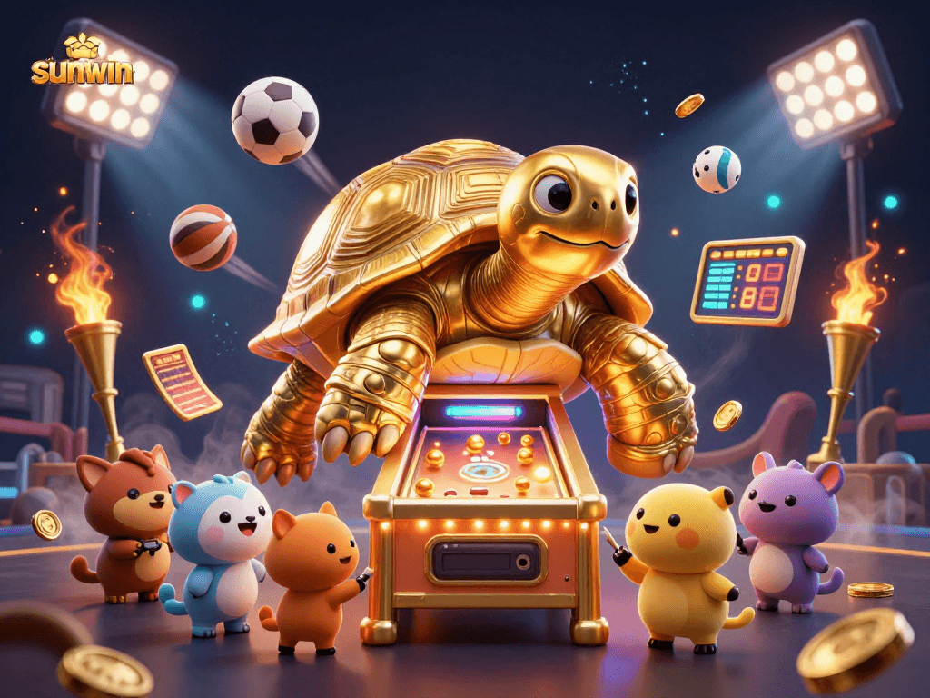 Engage with Sunwin's exciting gaming action featuring dynamic sports balls and a golden tortoise pinball machine.