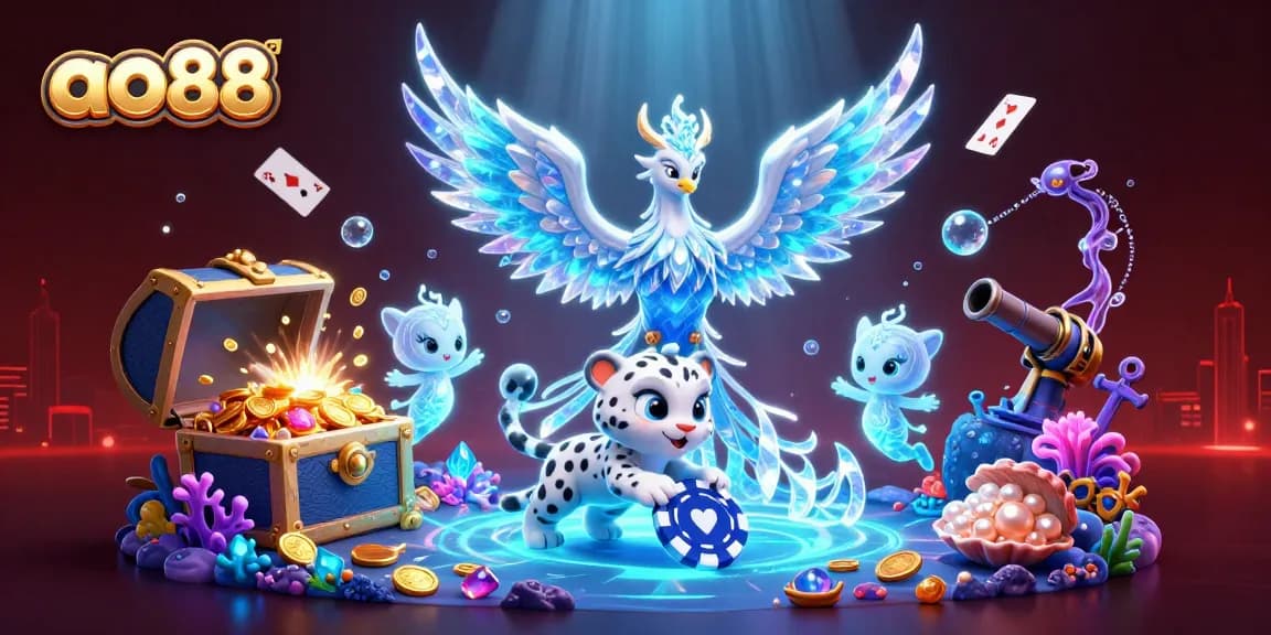 Engage with luck at ao88 featuring an ice phoenix and animated casino elements.
