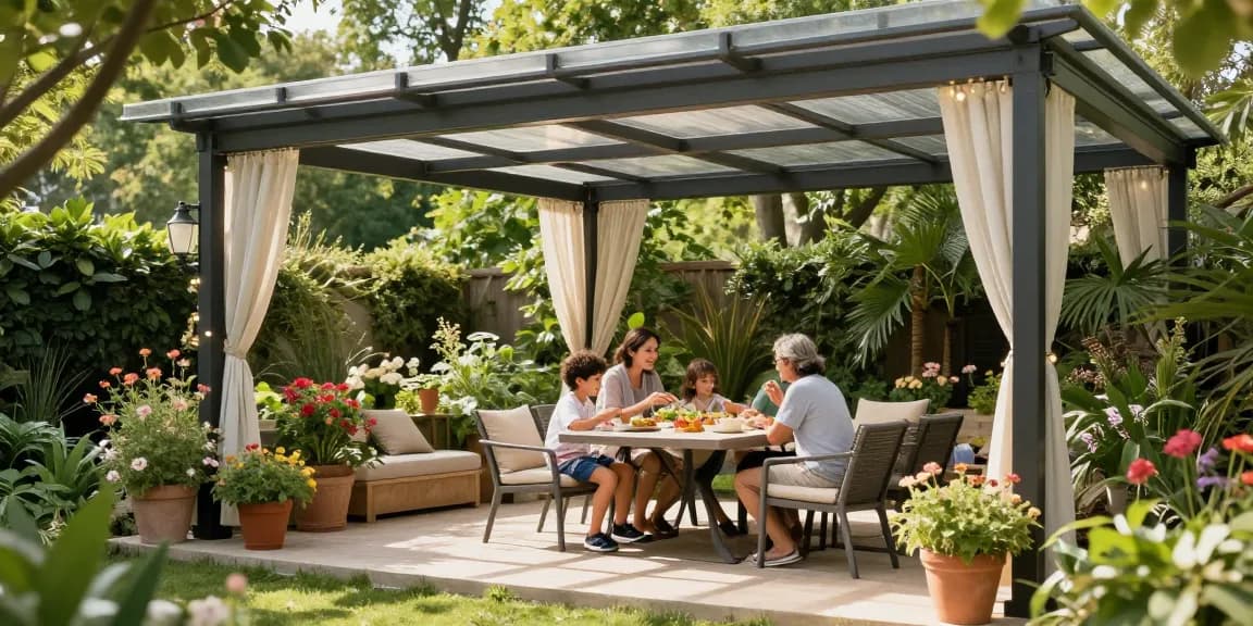 Familie genießen Zeit unter einer freistehenden Terrassenüberdachung in ihrem Garten.