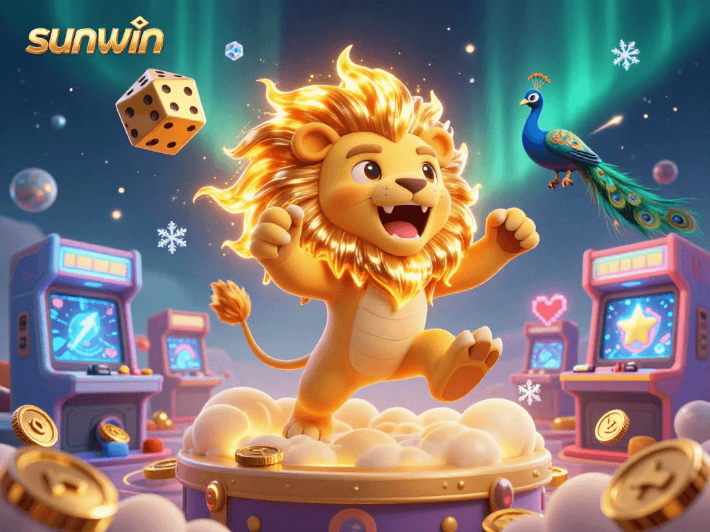 Experience sunwin’s vibrant 3D casino adventure featuring a majestic sun lion amidst golden dice and arcade games.