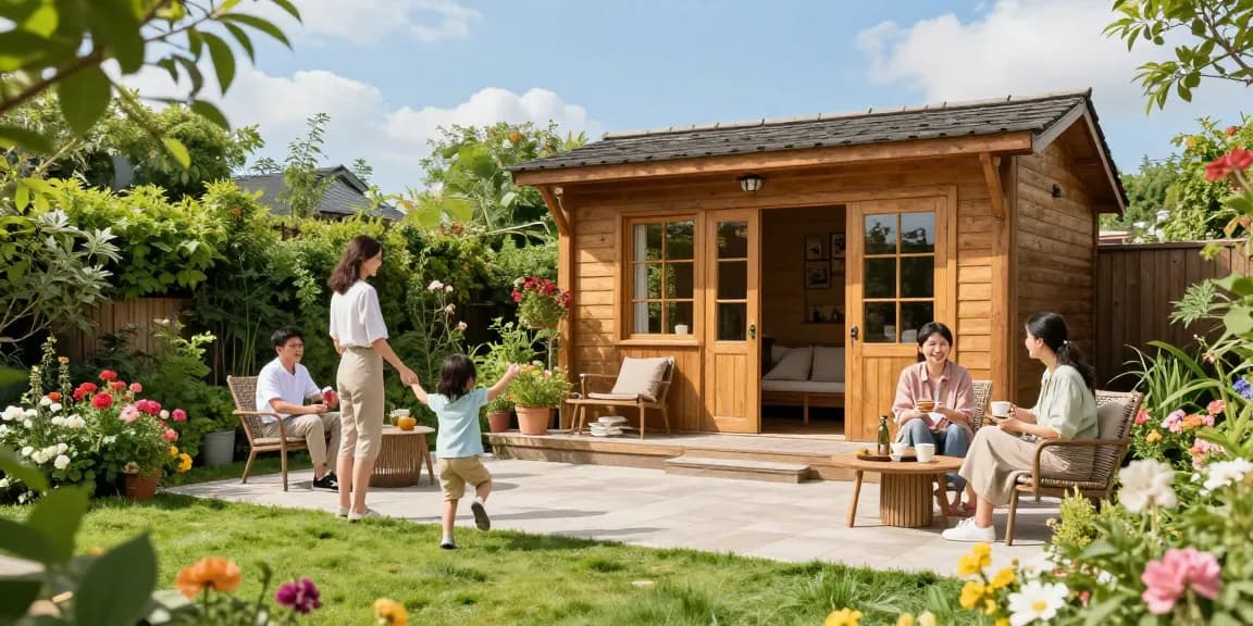 Gartenhaus kaufen: Entspannen im Garten mit einem stilvollen Holzhaus umgeben von bunten Blumen.
