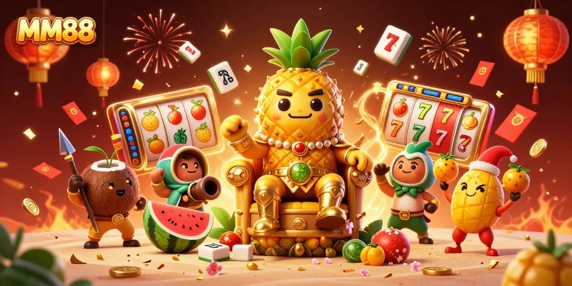 Bet big with MM88 in this vibrant, festive casino scene featuring rich 3D elements and energetic characters