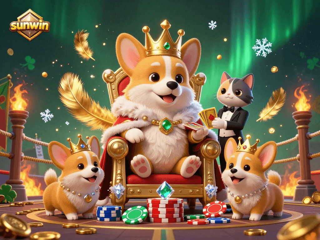Experience the excitement of sunwin with a grand royal corgi king amidst vibrant casino elements.