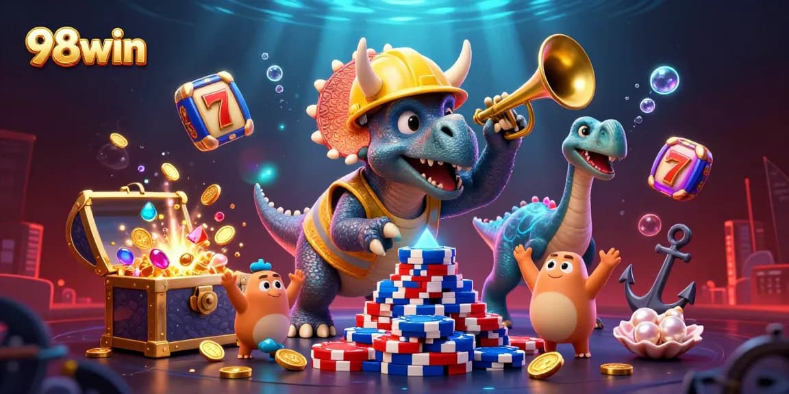Experience thrilling gameplay at 98win amidst an exciting casino scene filled with vibrant slot elements.