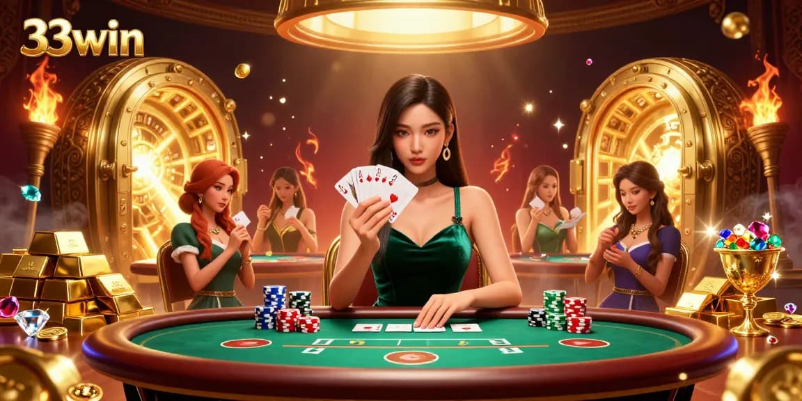 Experience the thrill of 33win's poker action, with a beautiful dealer and vibrant casino scene.