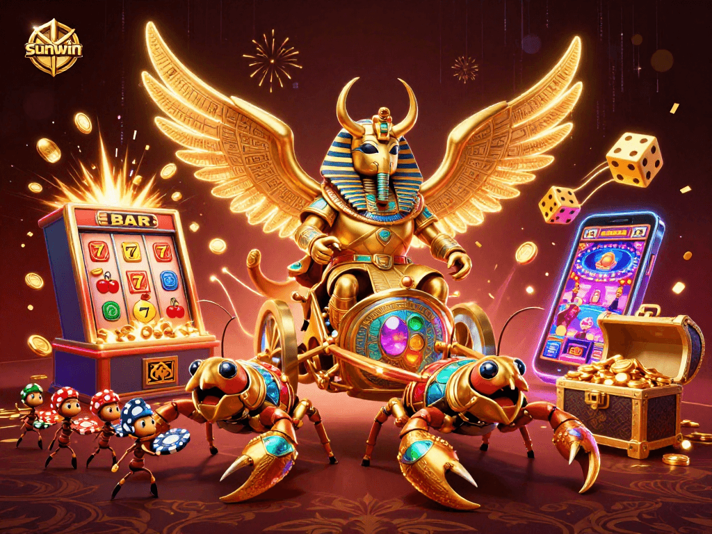 Win big with sunwin's golden scarab and vibrant slots explosion in an immersive casino scene