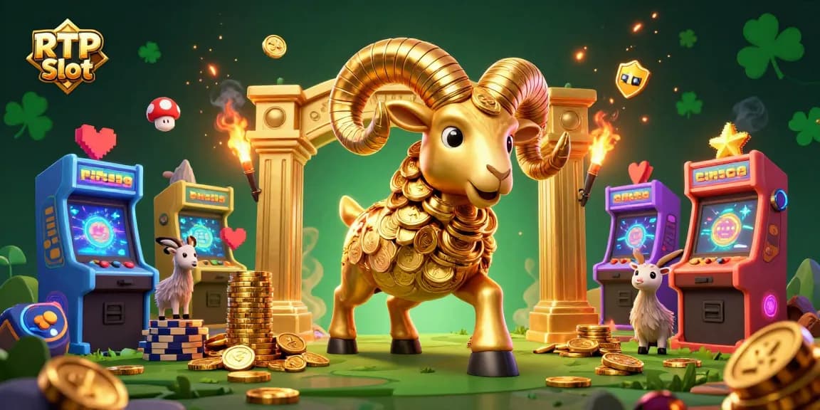 Experience the thrill of RTP Slot with golden ram icon surrounded by arcade elements.