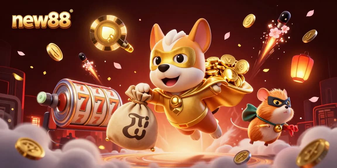 Engage with new88's exciting gaming universe featuring a superhero dog flying with lucky symbols.
