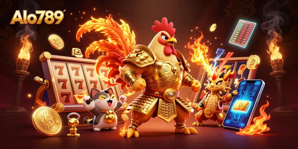 Alo789's dynamic illustration showcases a fighting rooster and armored dragon in a thrilling cockfighting atmosphere, highlighting casino elements.