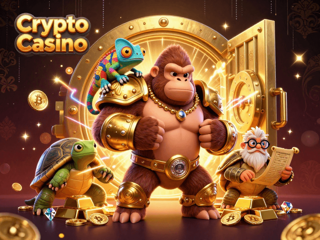 Experience excitement at Crypto Casino with a vibrant, action-packed digital illustration showcasing thrilling gaming elements.