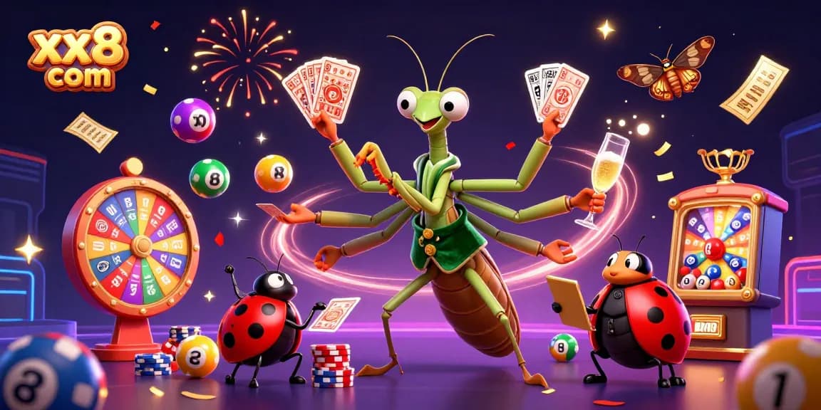 Engage with exciting games at xx8 com, featuring colorful lottery balls, a prize wheel, and animated characters.