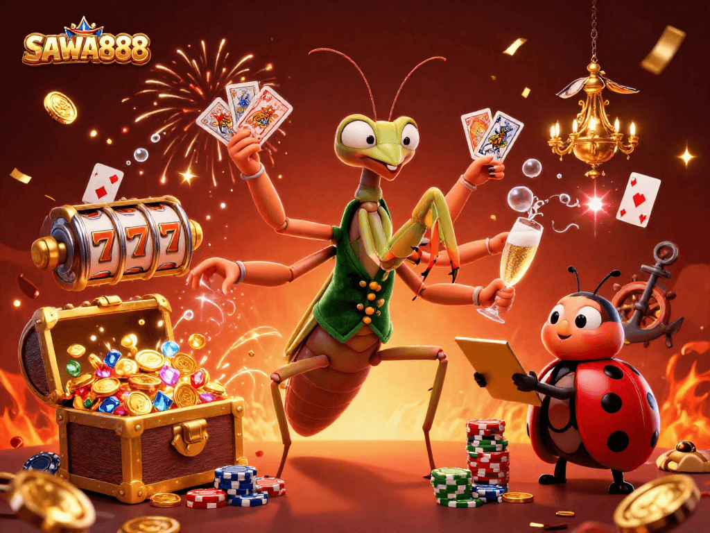 SAWA888 showcases an exciting gambling scene with dynamic characters dealing cards and shuffling chips amidst celebration confetti, perfect for online players.