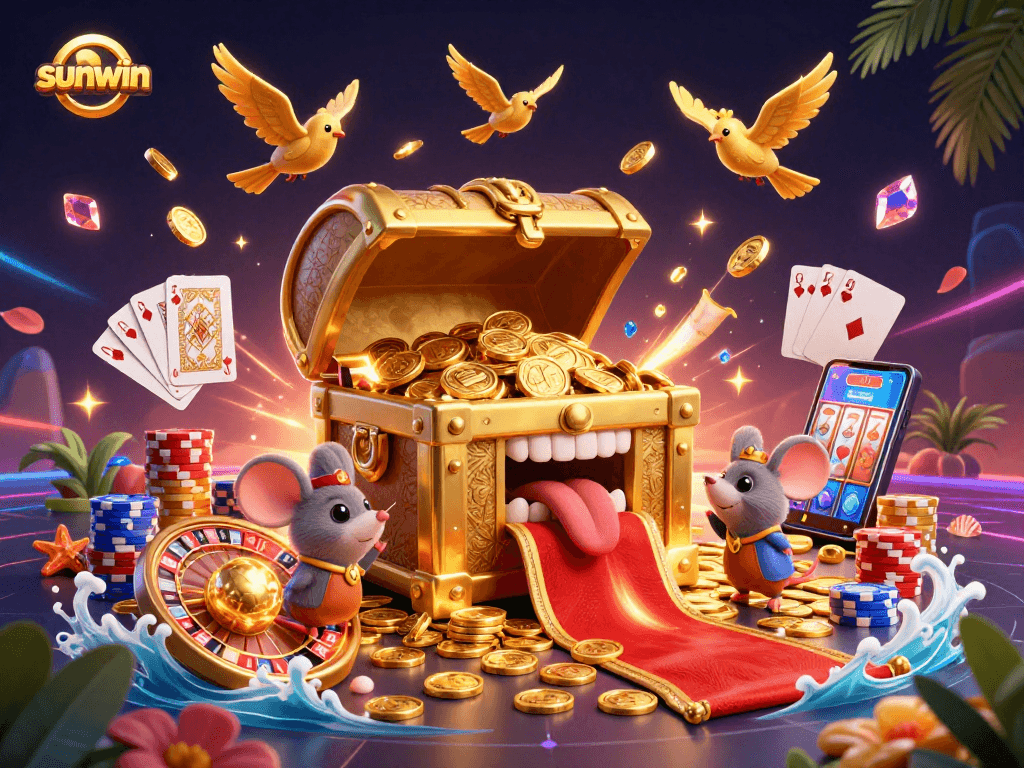 sunwin showcases a golden treasure chest with mice, surrounded by vibrant casino elements and rich graphics.