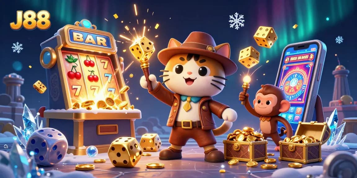 Engage with J88's vibrant 3D casino scene filled with golden artifacts and dynamic game elements.