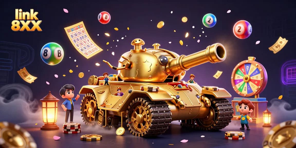 Engage with the thrilling spectacle of link 8XX in this vibrant casino battle scene featuring a golden beetle tank.
