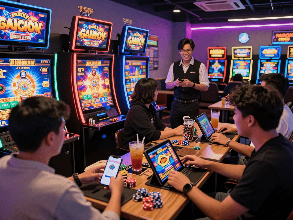 Players enjoying slot gacor games in a vibrant online gaming lounge with engaging atmosphere.