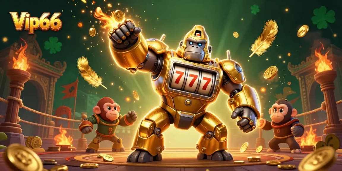 Experience the thrilling atmosphere of Vip66 with a vibrant 3D illustration of a golden gorilla mech and dynamic casino elements.