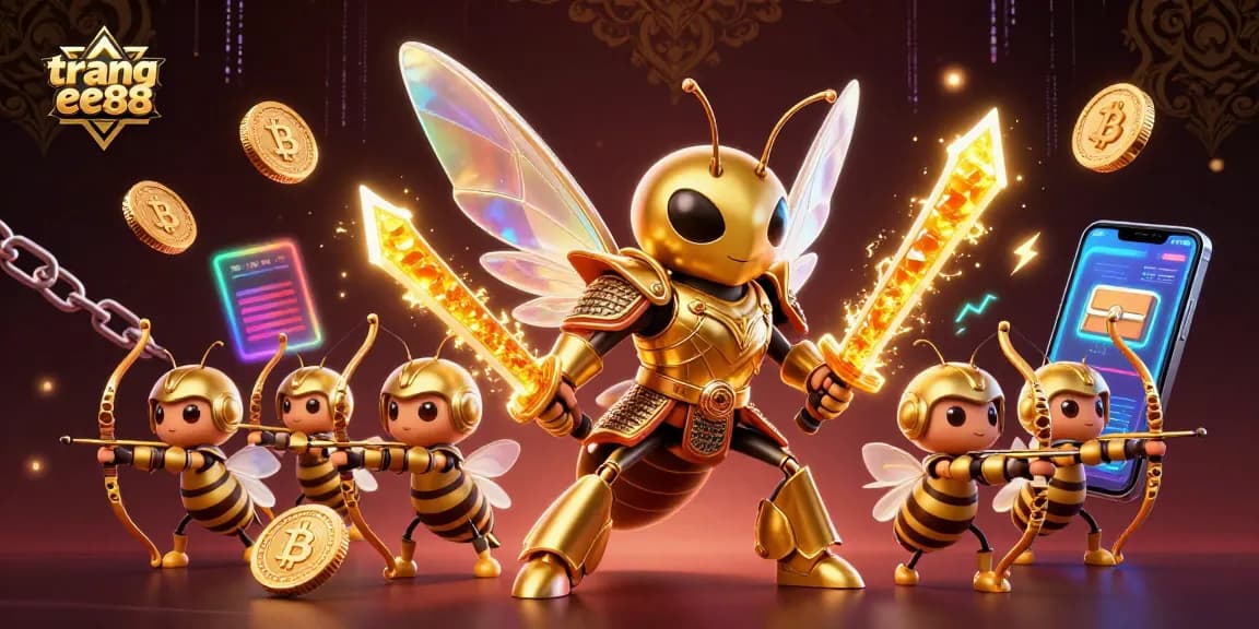 Experience thrilling gameplay at trang ee88 with a vivid 3D illustration of a golden hornet samurai and crypto elements.