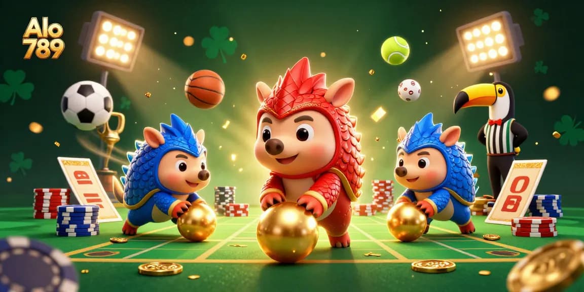 Alo 789 features animated pangolins engaging in thrilling cockfighting matches amidst vibrant casino elements.