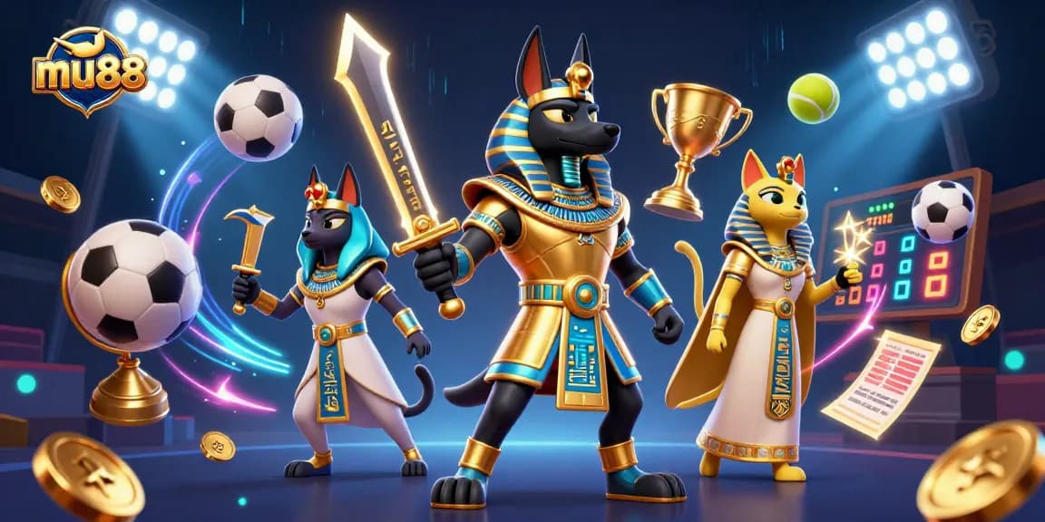 Experience the thrilling action at mu88 with a vibrant 3D casino scene filled with sports elements.