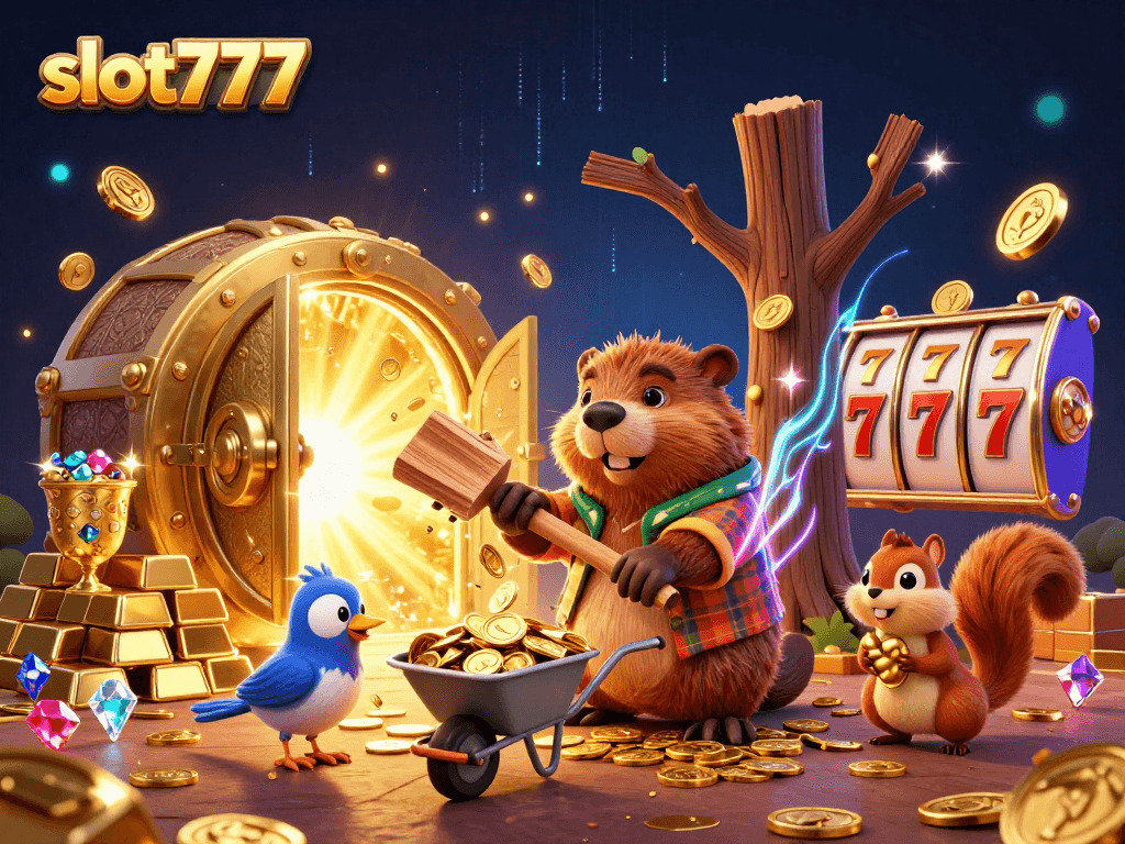 Visualisasi permainan slot777 dengan karakter lucu dan koin emas mengalir.