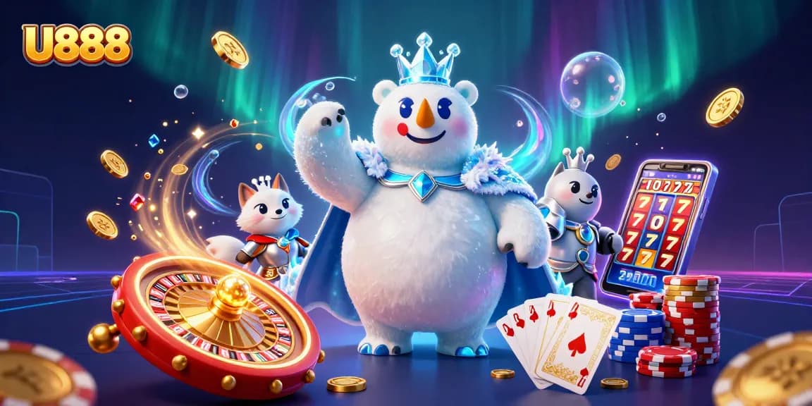 U888 showcases an ice king polar bear and snow fox amidst dynamic casino excitement