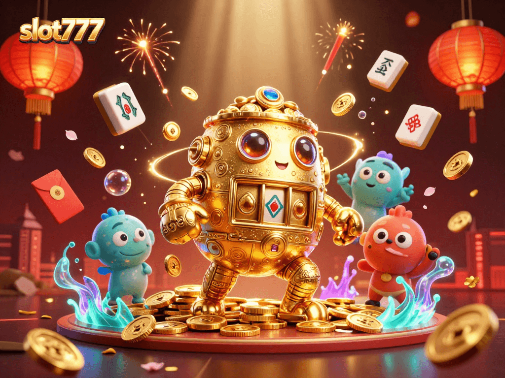 Engage in thrilling slot777 adventures with a golden golem and casino elements dynamically illustrated.