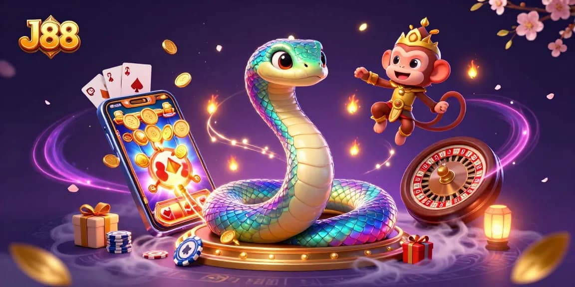 Experience thrilling gaming at J88 with a vibrant scene of animated characters, casino elements, and magical effects.