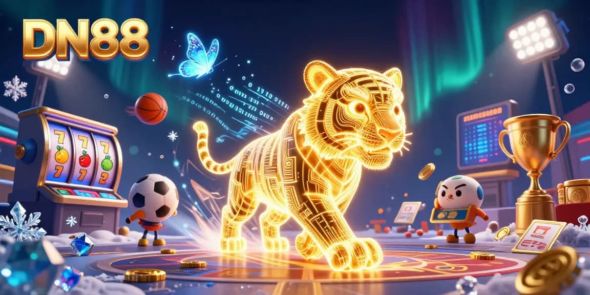 Play thrilling games at DN88 with an enchanting golden tiger and captivating holographic butterflies