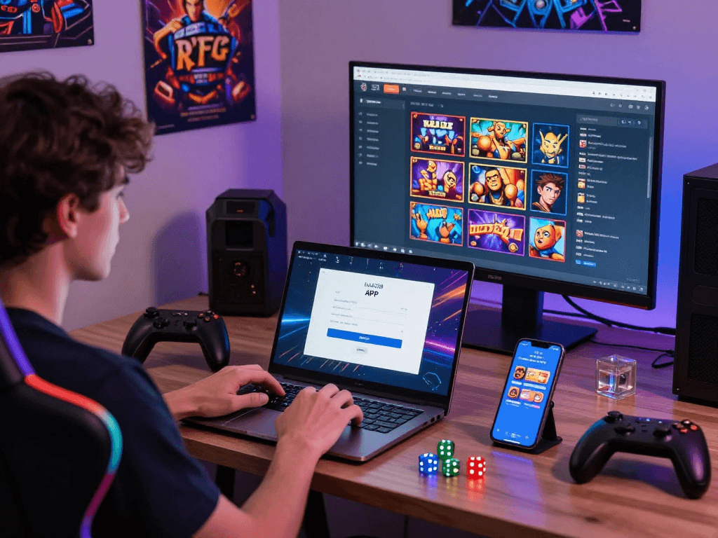 Engaging scene of a user logging into RAJA328 with vibrant gaming elements and modern setup.