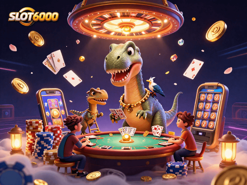 SLOT6000 showcases a vibrant casino scene with a tall brontosaurus, raptor dealer, and dazzling game elements