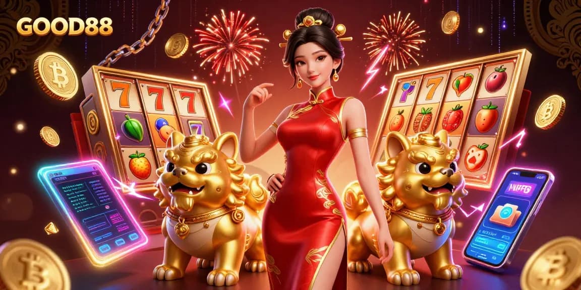 Experience the excitement of GOOD88 with vibrant slot games and festive red and gold ambiance.