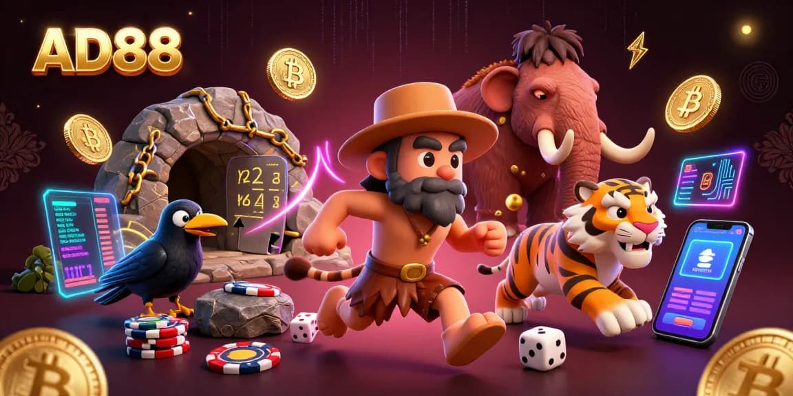 Join the excitement at AD88 with a vibrant prehistoric casino scene featuring unique gaming elements.