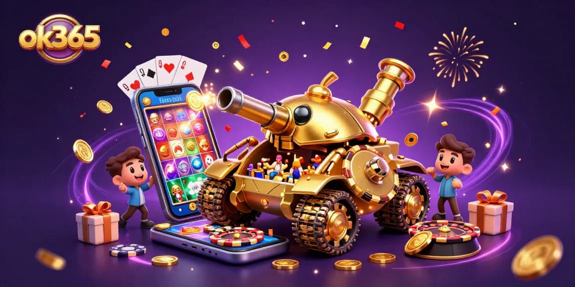Engage in thrilling gaming action with ok365 in a vibrant 3D casino illustration featuring confetti and excitement.