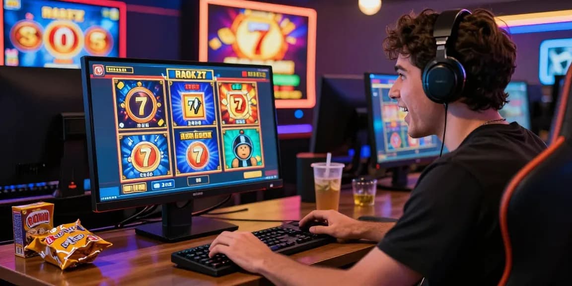 Player enjoying slot77 games on computer with vibrant graphics and prizes.