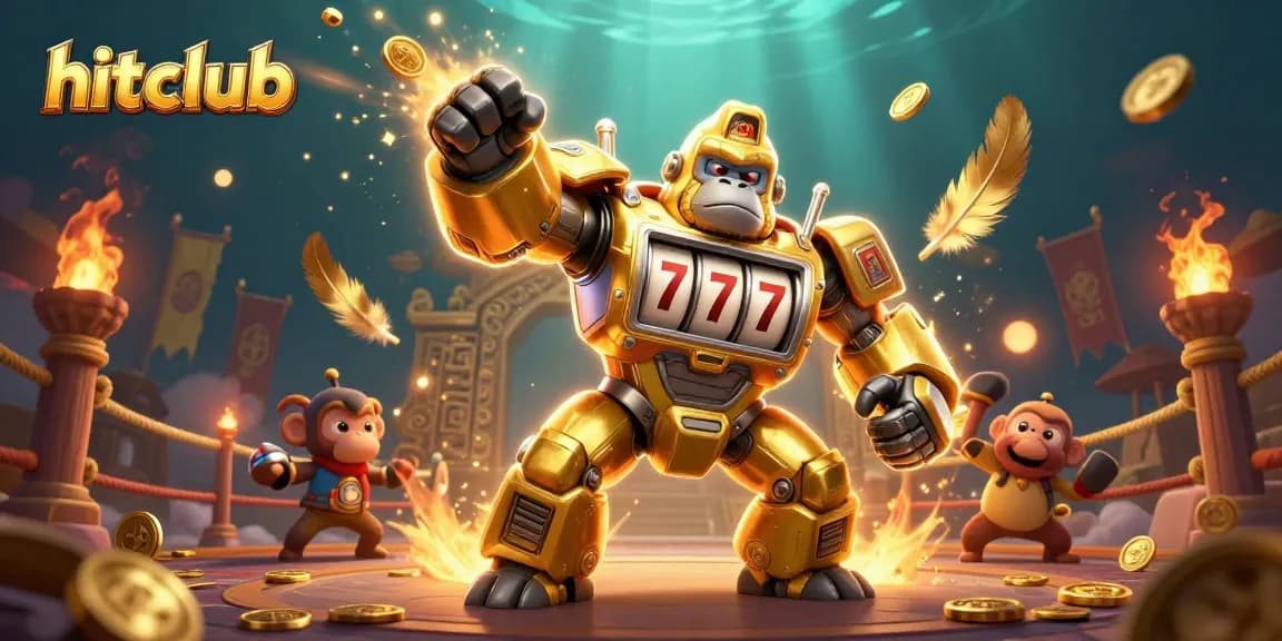 Hitclub gamblers thrillingly interact with a golden gorilla mech amidst dynamic casino elements and colorful particles.
