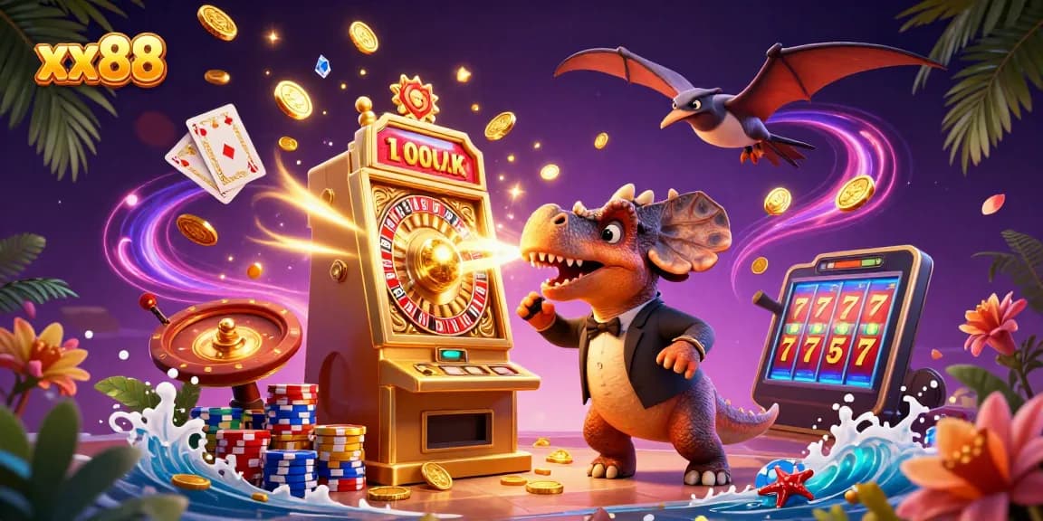 xx88 events unfold with a dinosaur hitting a slot machine for a jackpot surrounded by coins and casino elements