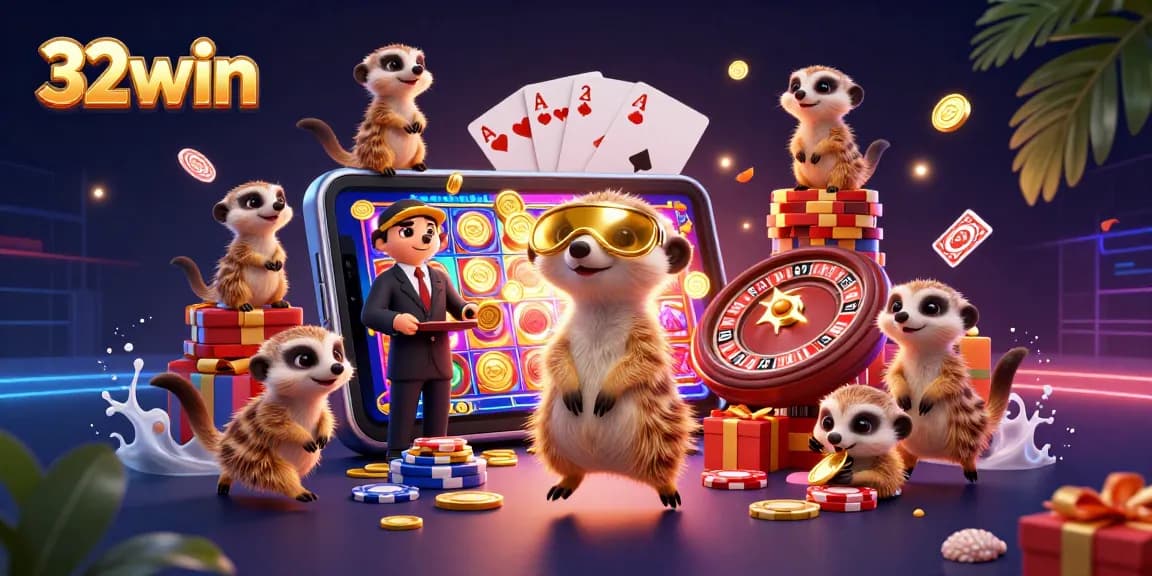 Experience thrilling gaming excitement at 32win with adorable meerkats operating a vibrant casino.
