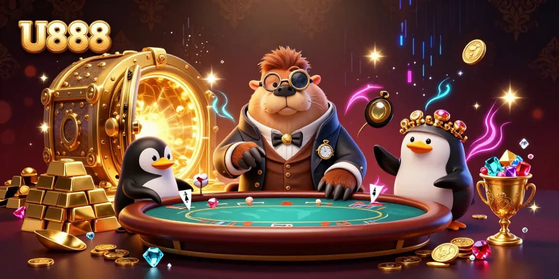 U888 players enjoy a thrilling underwater poker game with a jolly walrus and a penguin dealer.