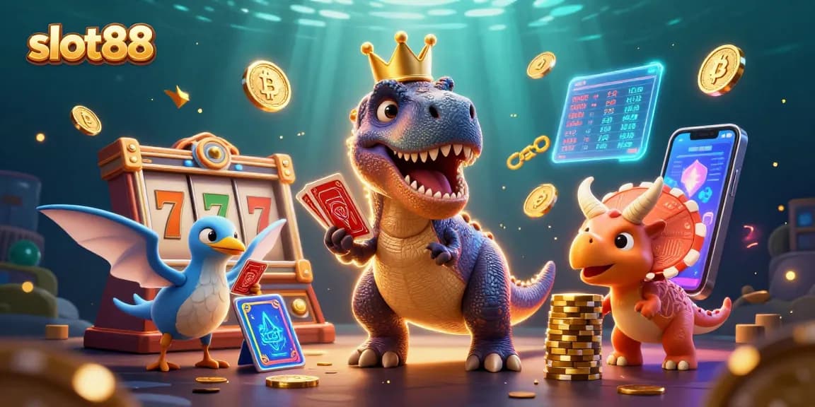 Engage with slot88 gameplay featuring fun cartoon dinosaurs in a lively casino scene.