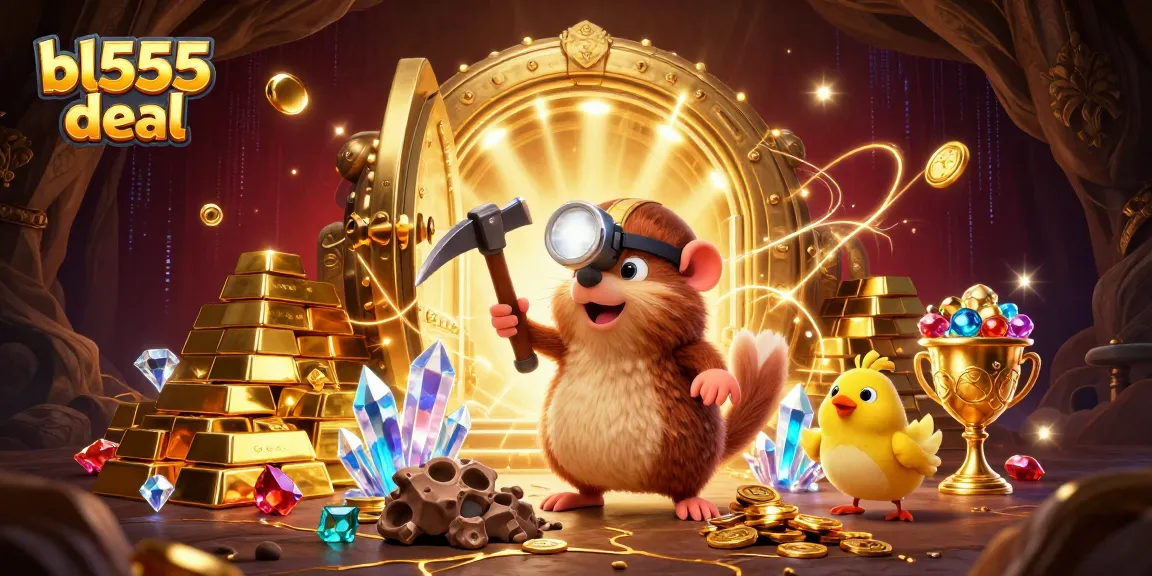 Experience the excitement of winning with bl555 deal in this vibrant 3D casino scene filled with treasures and gaming elements.