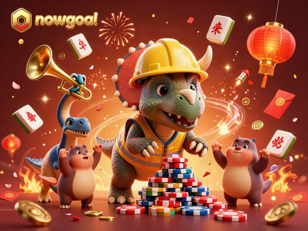 Engage with nowgoal's exciting gambling spirit, featuring playful dinosaurs celebrating wins in an electrifying casino ambiance.