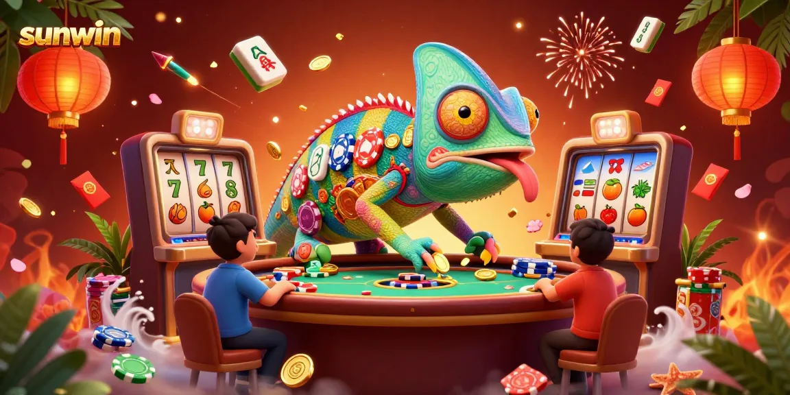 Engage with sunwin's vibrant chameleon casino owner amidst dynamic slot game elements and festive decorations.