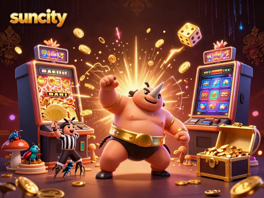Experience exciting gameplay at Suncity with dynamic visuals of a rhinoceros beetle champion and casino symbols!
