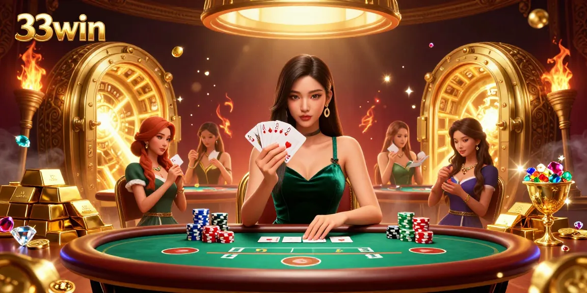 Experience the thrill of 33win's poker action, with a beautiful dealer and vibrant casino scene.