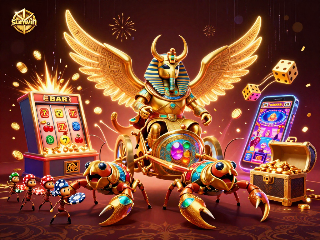 Win big with sunwin's golden scarab and vibrant slots explosion in an immersive casino scene